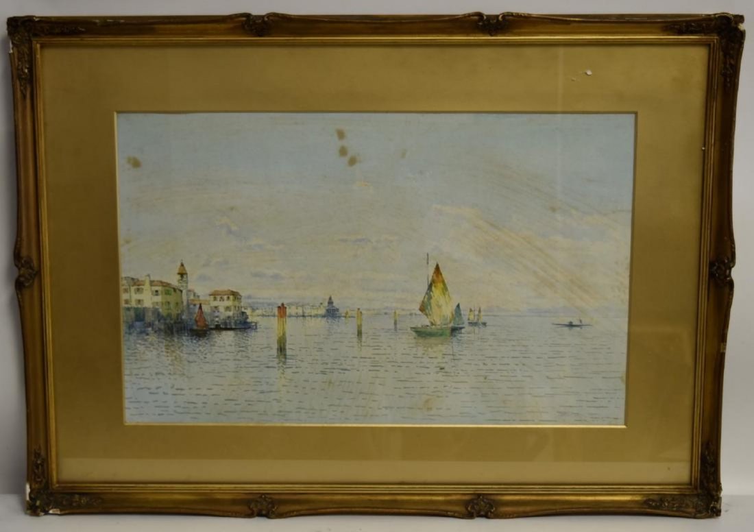 ARTHUR DIEHL 1870-1929; Watercolor; COASTAL WITH BOATS (1 of 4)