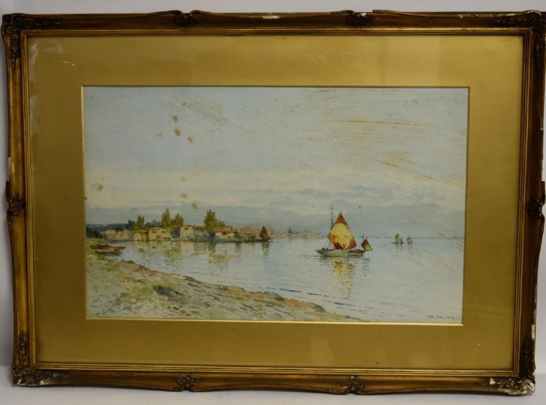 ARTHUR DIEHL 1870-1929; Watercolor; COASTAL BOATS TOWN (1 of 4)