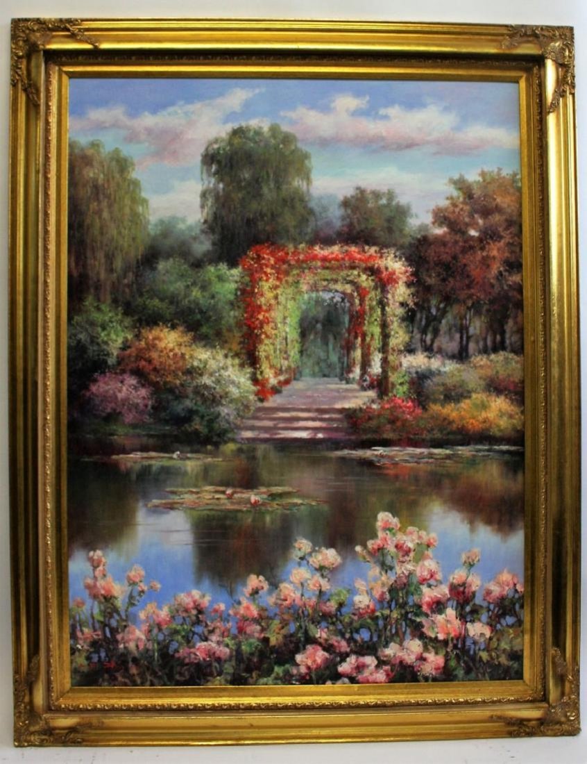 SPECTACULAR OIL PAINTING GARDEN ARCHWAY TO POND (1 of 4)