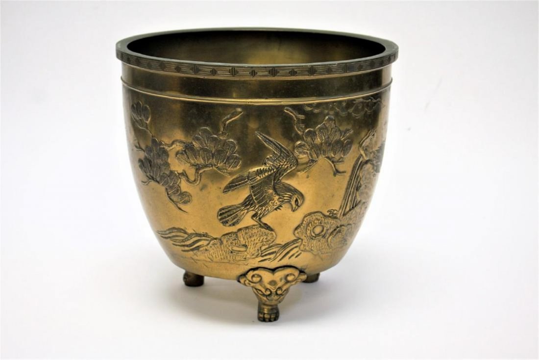 ANTIQUE JAPANESE BRASS PLANT POT Birds In Relief (1 of 4)