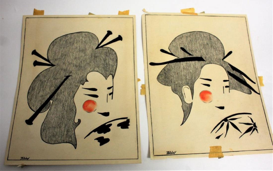Two [2] Oriental Watercolors of Geisha Girl Portraits (1 of 4)