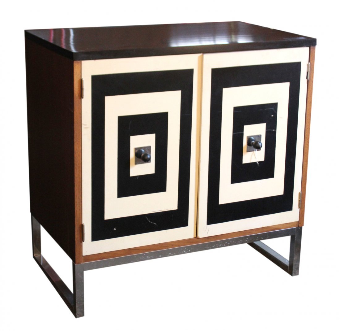 THAYER COGGIN Mid-century Modern Chrome leg cabinet: THAYER COGGIN Mid-century Modern Chrome leg cabinetChrome base. Ebonized top. Cream and black painted doors. 30 1/4"h x30 1/4"w x 18 1/4"d