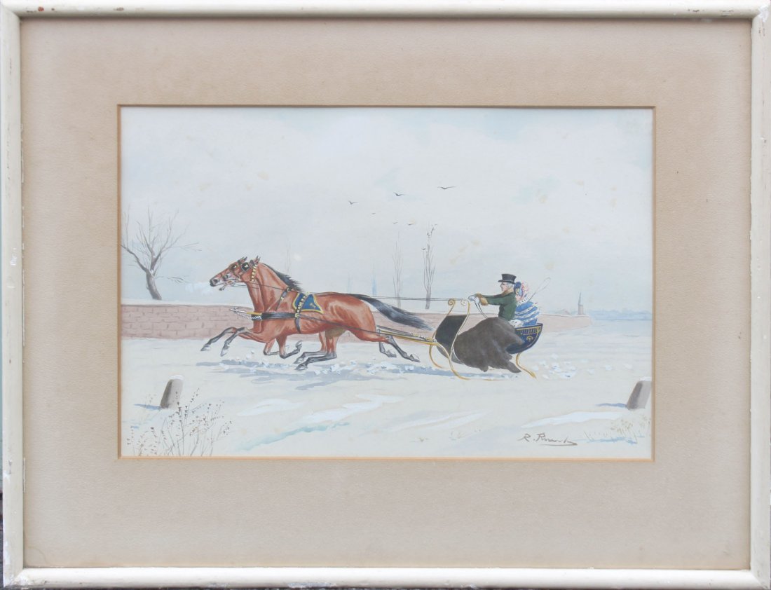 R. ROWLEY 19thC Gouache Painting Of Horse Drawn Sleigh (1 of 5)