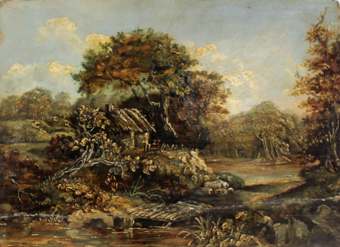 Early 1800's LANDSCAPE OIL PAINTING ON WOOD PANEL (1 of 1)