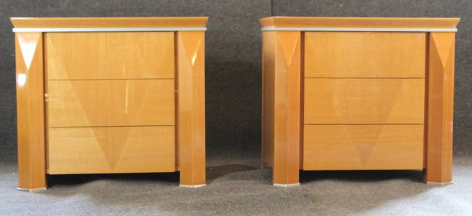 Giorgio Collection Blonde modern end tables PAIR: Giorgio Collection Made in Italy,Blonde pair modern end tables / night stands. Tables have geometric angles presenting an empire luxury style. High quality furniture. Size: 27 h , 30 x 18.5 w