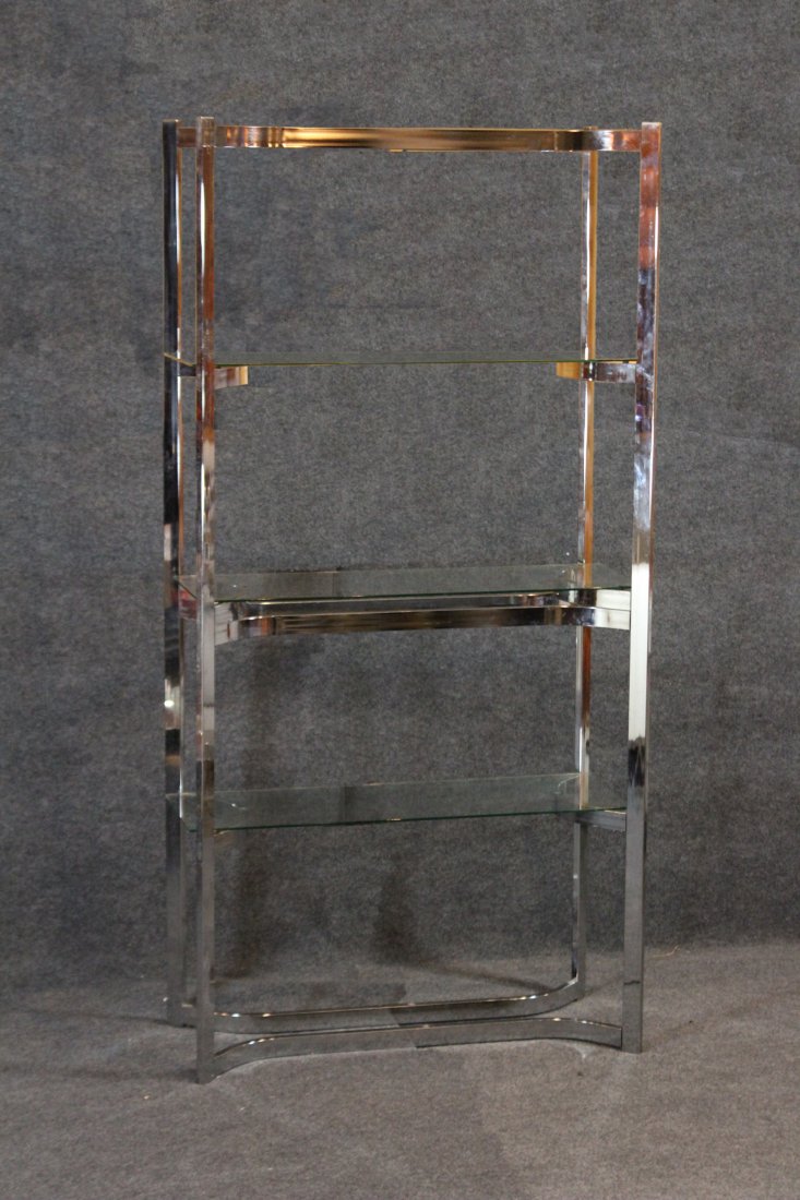 MILO BAUGHMAN Flat Bar Chrome & Glass Shelves ETAGERE: MILO BAUGHMAN Flat Bar Chrome & Glass Shelves ETAGERE. Clean , very good condition. Size: 67 h, 36 x 15.5 inches