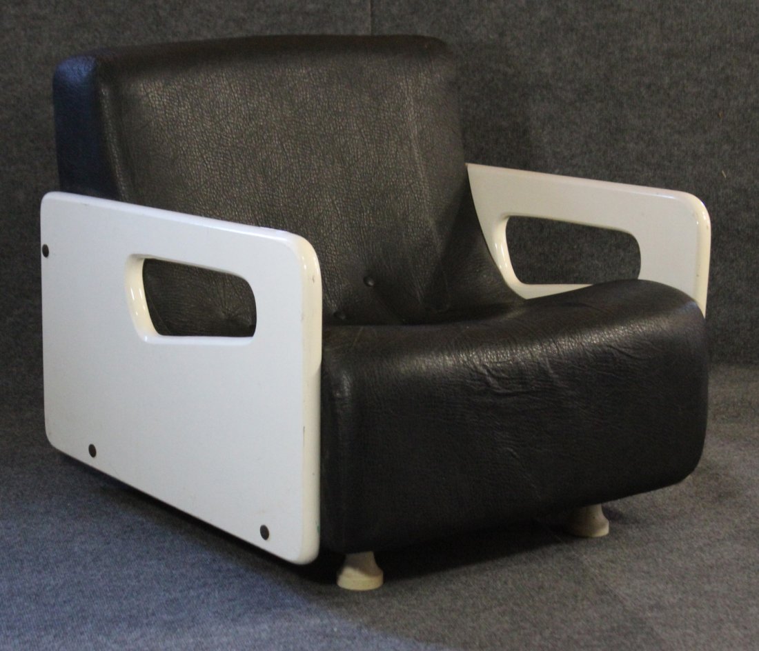 SPACE AGE BLACK LEATHER AND WHITE WOOD SIDES CLUB CHAIR (1 of 4)