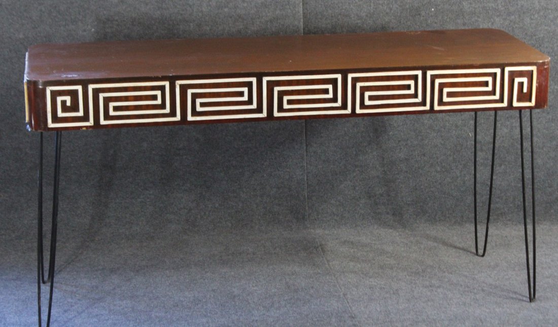 Mid Century Modern RECEPTION DESK ON HAIRPIN LEGS: Mid Century Modern RECEPTION DESK ON HAIRPIN LEGS. Mahogany wood with white decorated line design front and sides, back has 3 drawers, tall hairpin legs.Size: 35 h, 68 x 23 inches