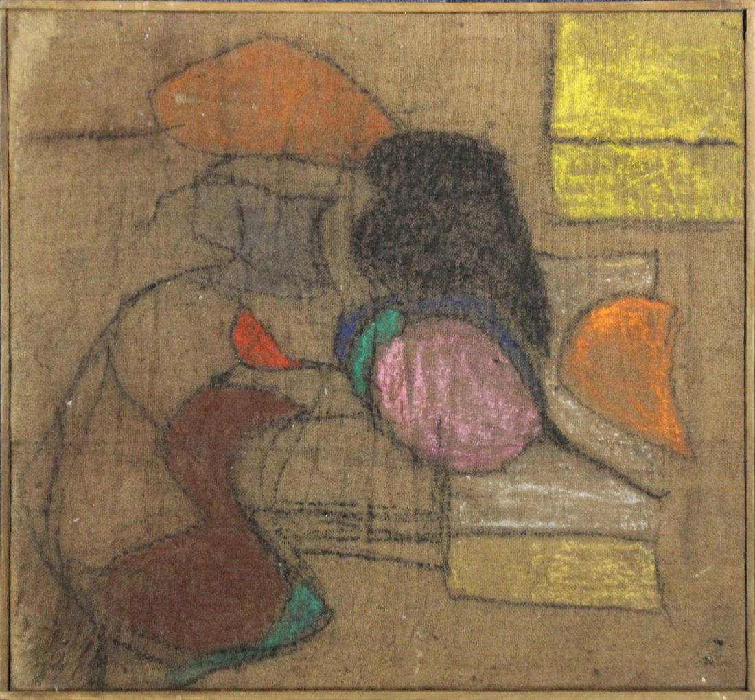 MOREHEAD SMITH Mid Century PASTEL ABSTRACT ON BURLAP (1 of 3)