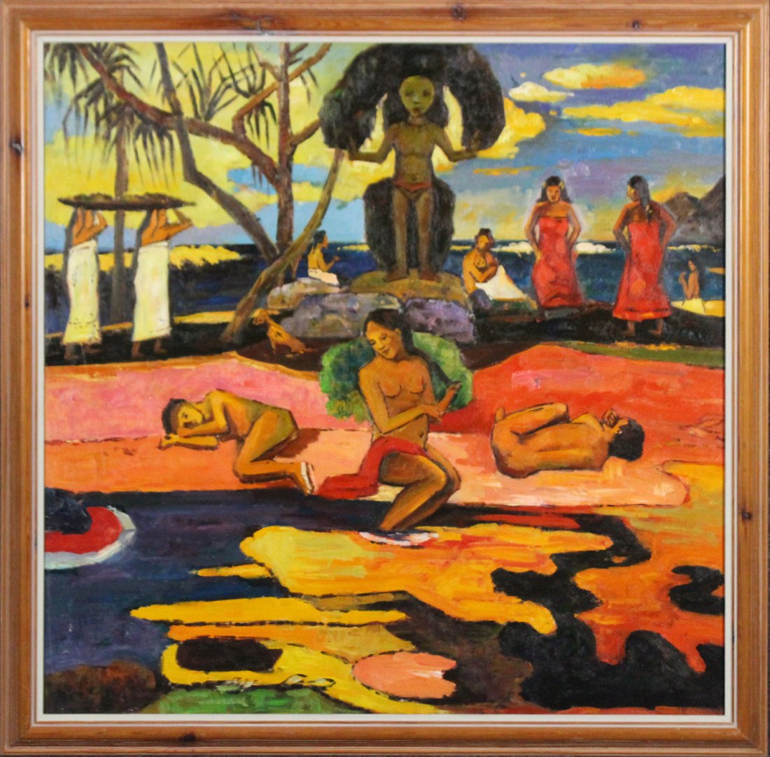 Mid Century Modern COLORFUL POLYNESIAN SCENE oil/c: Mid Century Modern COLORFUL POLYNESIAN SCENE WITH FIGURES oil/c; unsigned, size: image 30 x 30 , outer frame 33.5 x 33.5