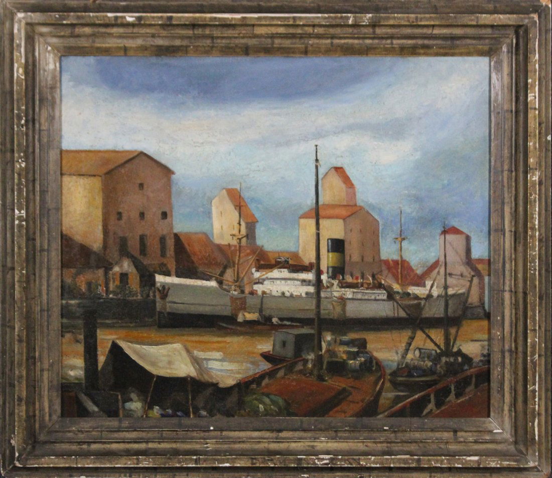 GIFFORD COCHRAN [North Salem NY] , LABOCA BUENOS AIRES: GIFFORD COCHRAN [North Salem NY] , LABOCA BUENOS AIRES, oil on canvas of an ocean liner at the docks, Signed, has original 1940 exhibition label on back from the ART ASSOCIATION OF NEWPORT. All origin