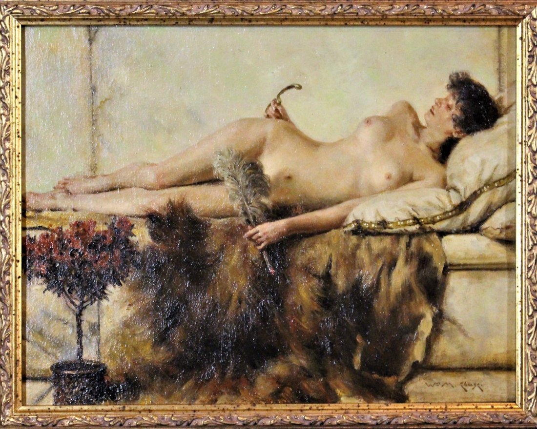 WILLIAM MERRITT CHASE 1849-1916, oil/b, RECLINING NUDE: WILLIAM MERRITT CHASE 1849-1916, oil/b, RECLINING NUDE WOMAN. Bears signature on lower right corner WM M CHASE. A fantastic quality oil painting, selling attributed. Professionally framed. Image size 