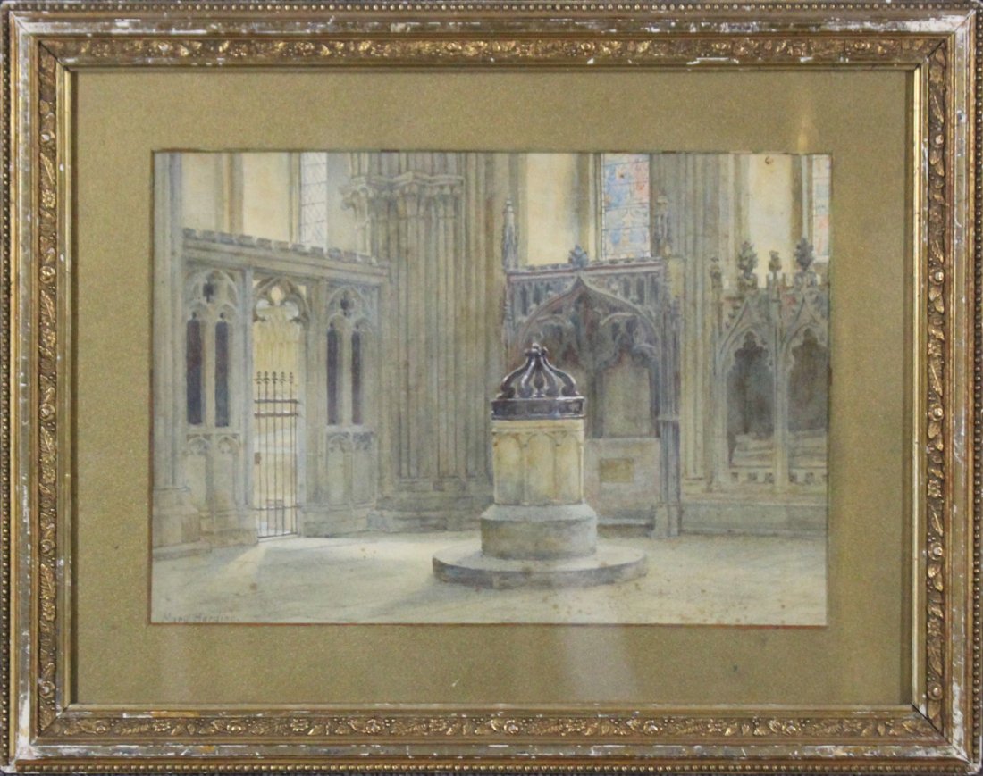 MARY HARDING, GOTHIC INTERIOR OF CHURCH WITH FOUNTAIN: MARY HARDING , watercolor, GOTHIC INTERIOR OF CHURCH WITH FOUNTAIN, signed. Image size: 9.5 inches by 13.5 inches. Outer frame size 15.5 in. x 19.5 in. Condition is good.
