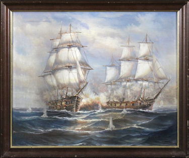 Ambrose Oil Painting On Canvas Battling Ships On Seas Jan 07