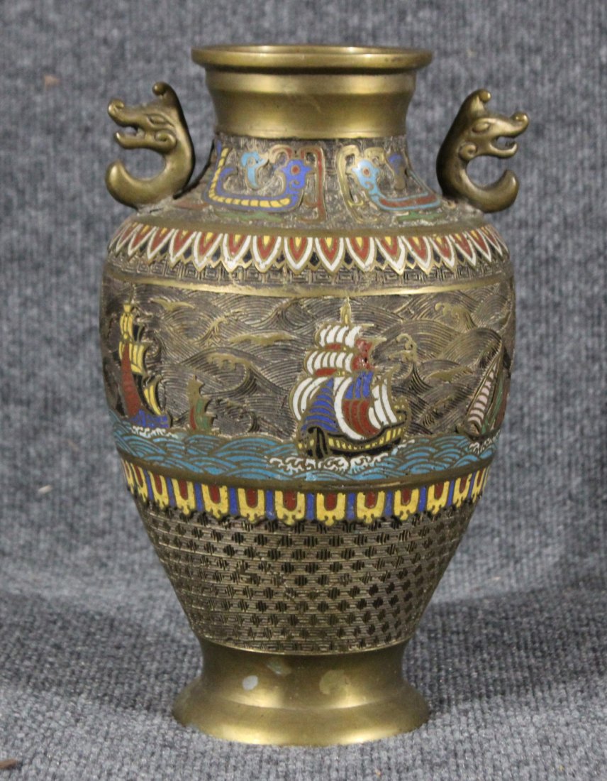 Antique CHINESE CLOISONNE BRONZE URN WITH SHIPS 11.5 in (1 of 4)