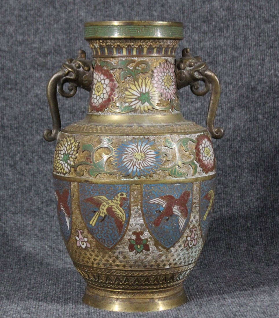 Antique CHINESE CLOISONNE BRONZE URN WITH BIRDS 15 in. (1 of 4)