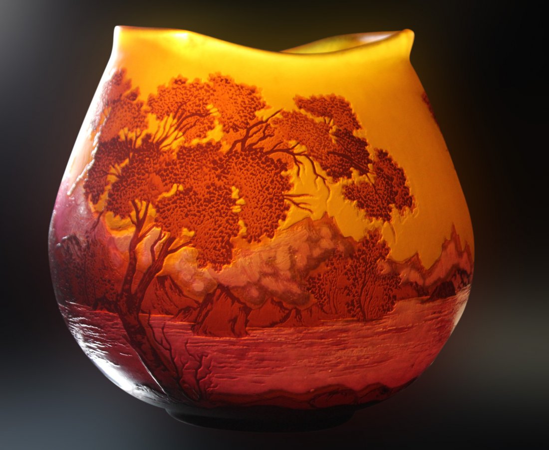 Important GALLE Art Glass Cut Cameo Vase 3-Color Scenic (1 of 6)