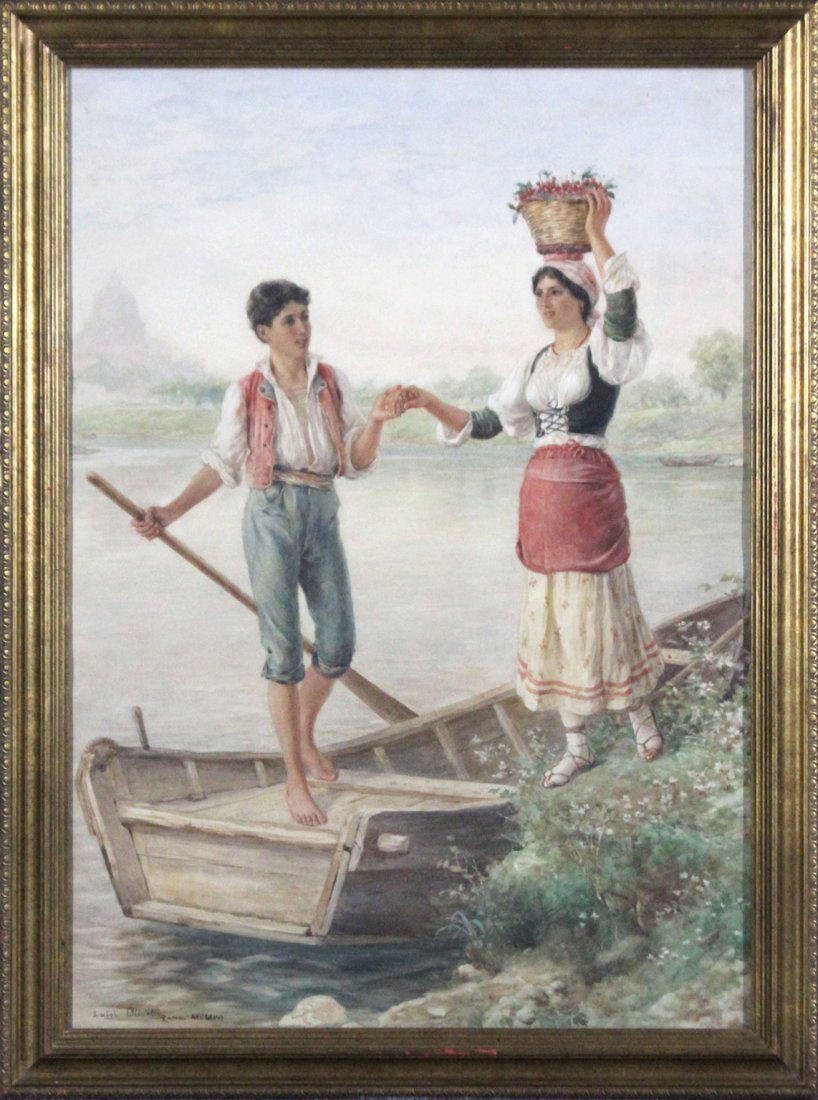 Luigi Olivetti (1856 - 1941) w/c YOUNG MAN And GIRL: Luigi Olivetti (1856 - 1941) w/c YOUNG MAN And GIRL HOLDING HANDS ON ROWBOAT AT SHORE SIDE. Signed, Watercolor, Listed Italian Artist. Very Good condition. Size: image 29 in. x 20.5 in.; outer frame s