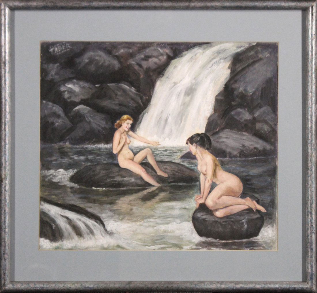 Sidney Taber Original watercolor nudes at water hole (1 of 4)