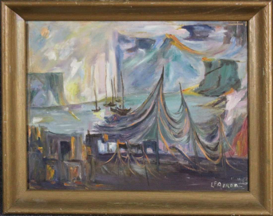L R ARON oil on board, circus tent and landscape: oil on board, circus tent and landscape , Mid-century modern Size: 16 x 20 , outside of frame: 21 x 23
