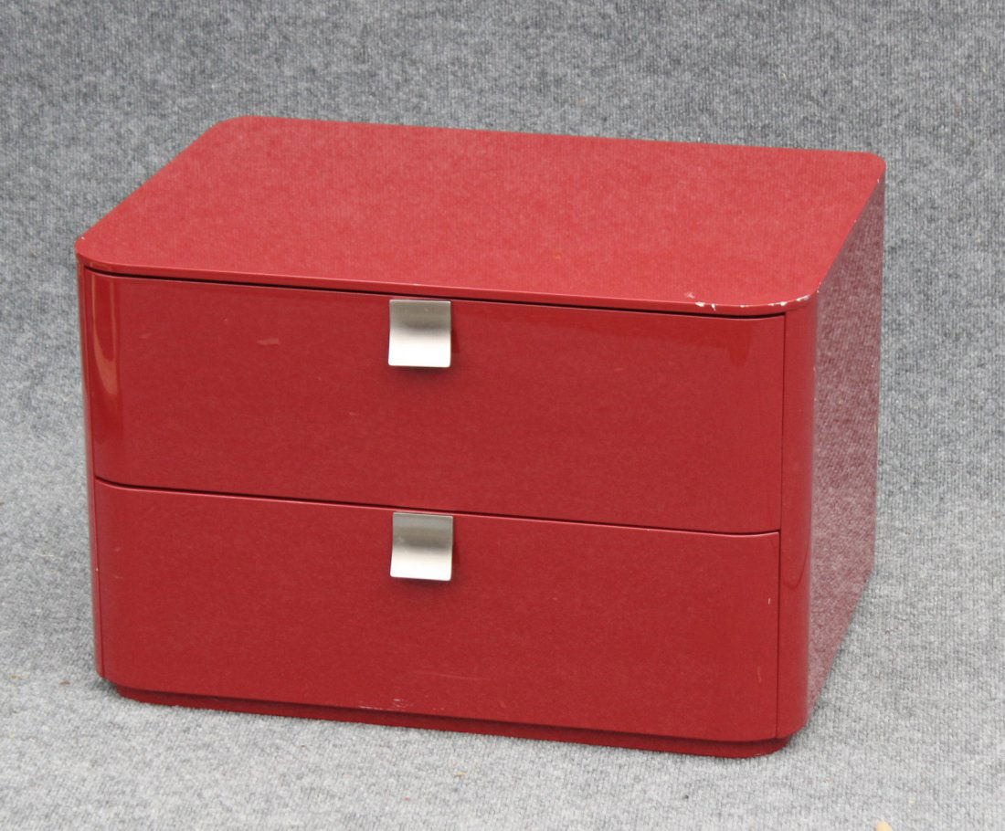 1980's RETRO MODERN gloss red end table w/ dual drawer (1 of 3)