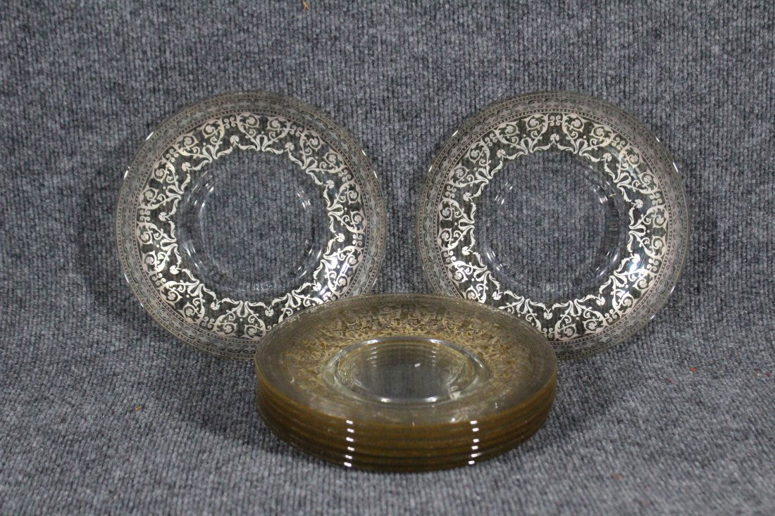 eight (8) Silver overlay Victorian glass plates: eight (8) Silver overlay Victorian glass plates Size: 8.25 d inches.