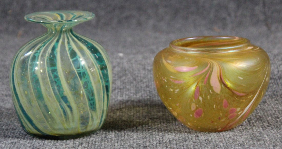 Two (2) Loetz oil spotted style art glass vases (1 of 5)