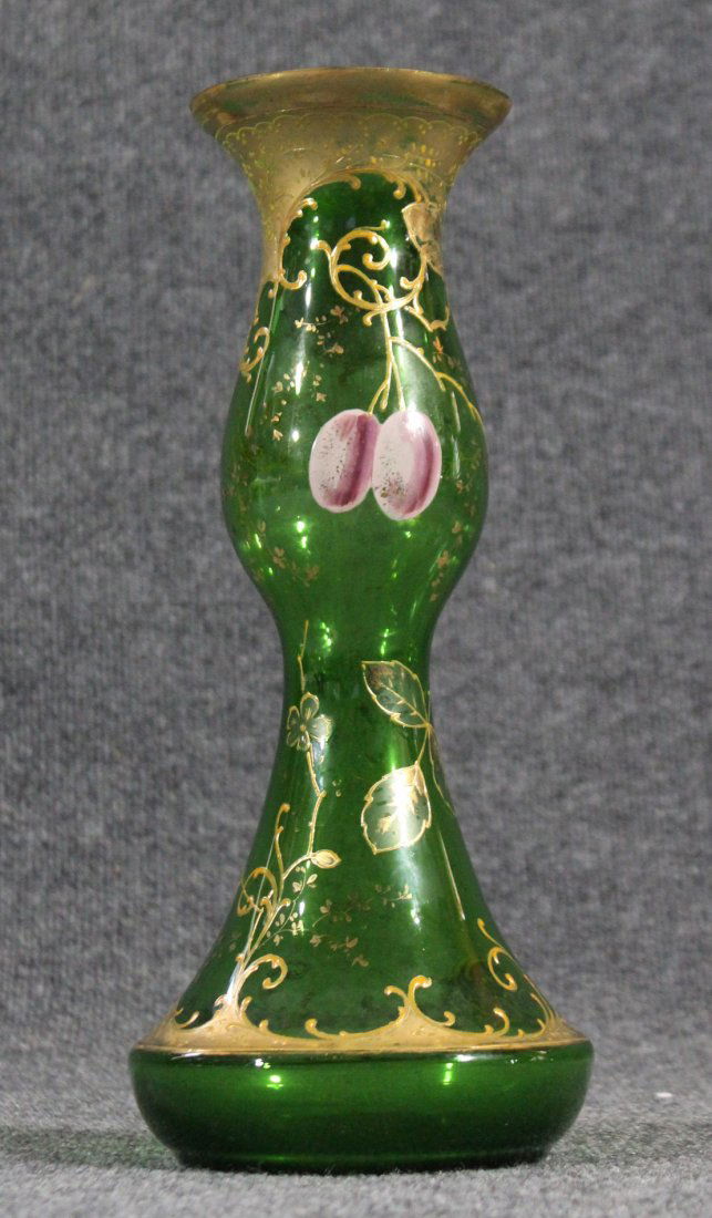 Hand-painted Victorian hand blown green glass vase (1 of 4)