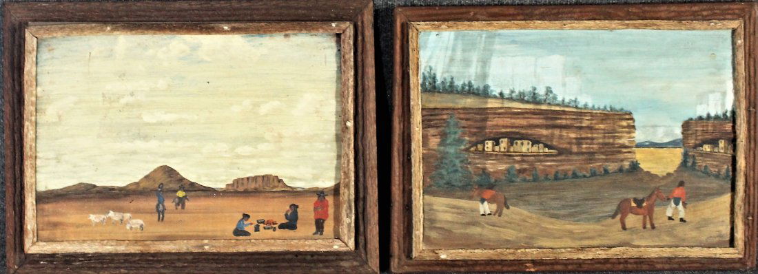 Pair NAIVE WESTERN AMERICAN OIL PAINTING WITH FIGURES (1 of 8)