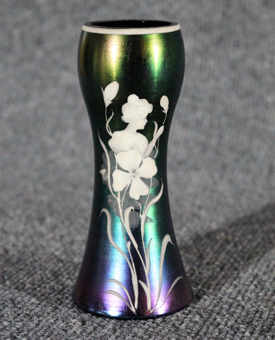 Antique LOETZ ART GREEN GLASS VASE w/ WHITE ENAMEL GIRL (1 of 5)