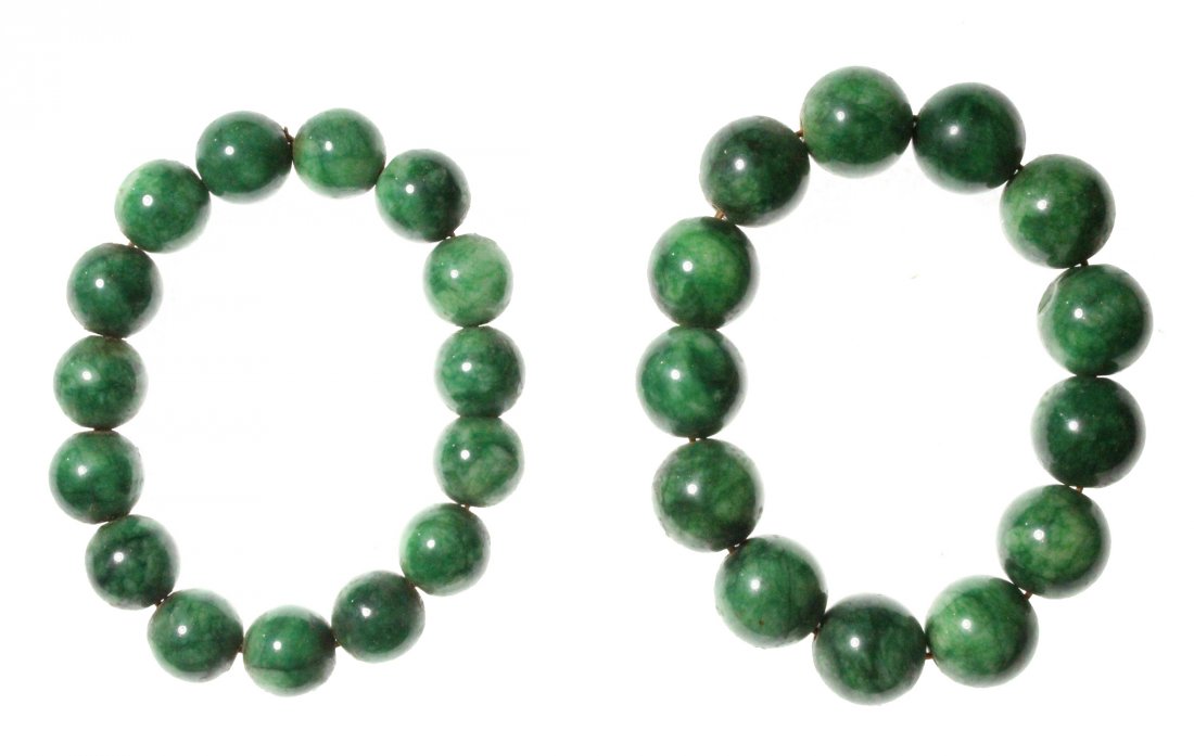 TWO [2] ASIAN GREEN JADE LARGE BEAD BANGLE BRACELETS (1 of 3)