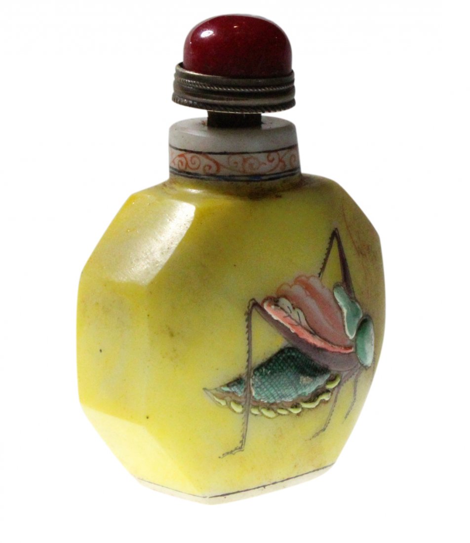 ASIAN GLASS SNUFF BOTTLE, SIGNED, ENAMEL INSECT (1 of 4)