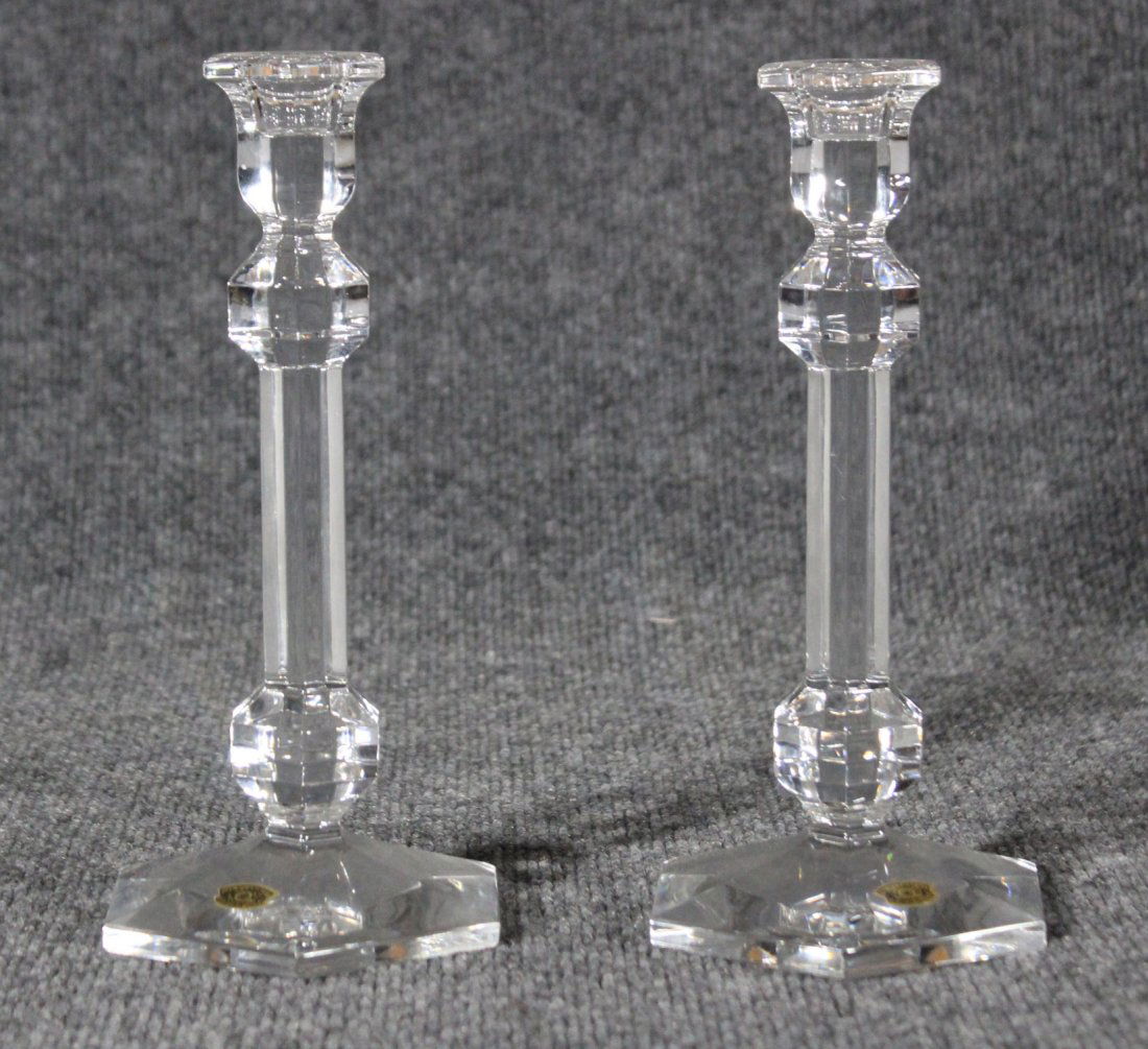 Val St Lambert signed Pair Crystal Glass Candlesticks (1 of 5)