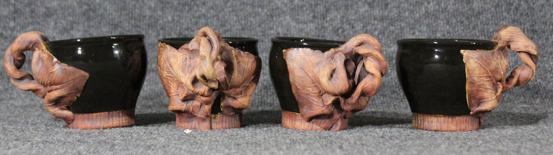 Set 4 UNUSUAL Art Pottery Cups FOLDED APPLIED LEAVES (1 of 4)