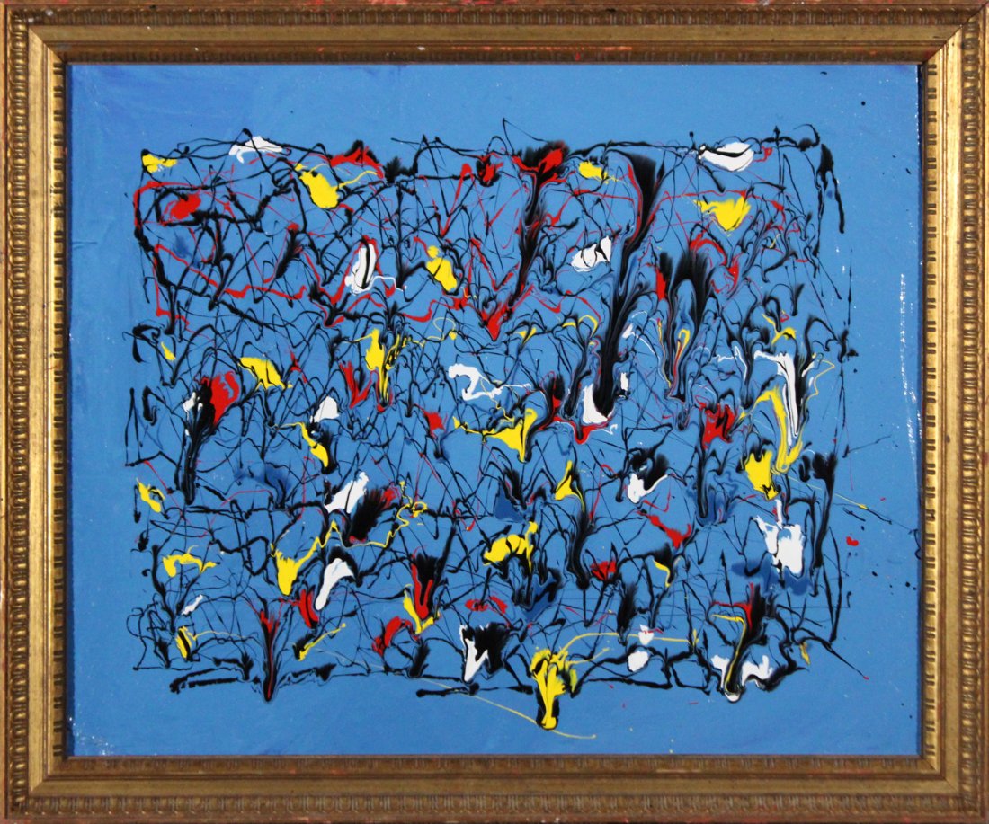 MID CENTURY MODERN DRIP ART ABSTRACT OIL ON BOARD (1 of 2)