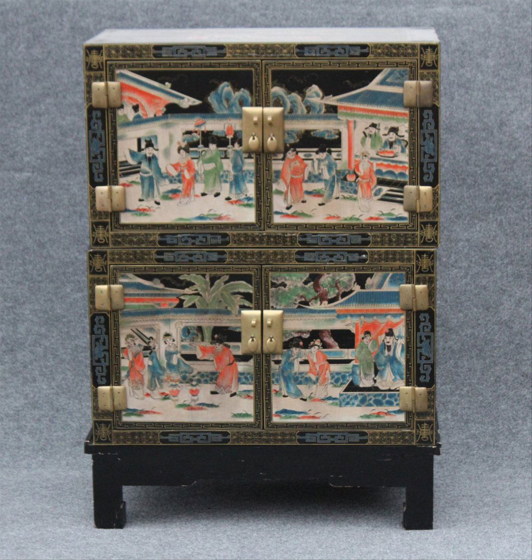 CHINESE BLACK LACQUER & SCENIC CAMPAIGN STYLE CHEST (1 of 6)