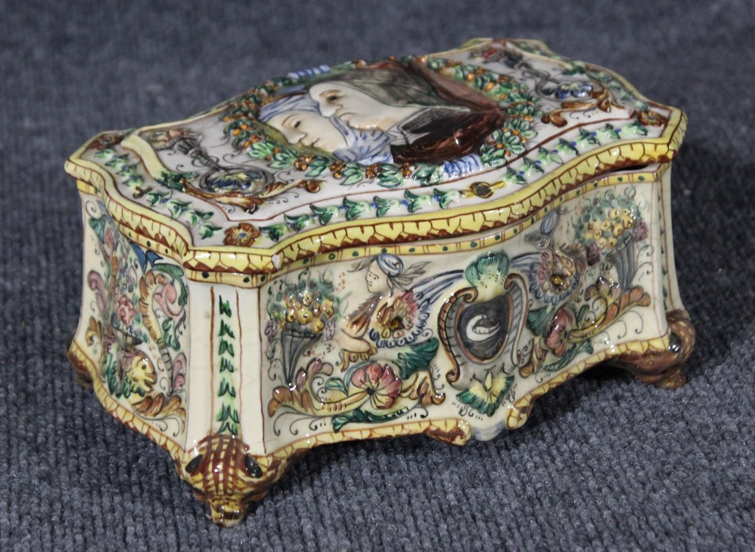 Antique FRENCH FAIENCE CERAMIC COVERED DRESSER BOX (1 of 7)