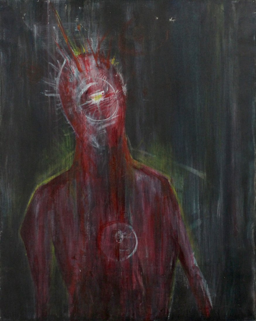 SPACE AGE - ATOMIC - OIL PAINTING - CYCLOPS PORTRAIT: SPACE AGE - ATOMIC - OIL PAINTING - CYCLOPS PORTRAIT.Unsigned, good condition, does have small puncture right top. Size: 24 x 30 inches