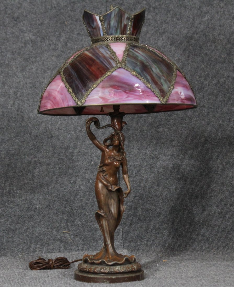 ART NOUVEAU FIGURAL GIRL SLAG GLASS SHADE LAMP (1 of 5)