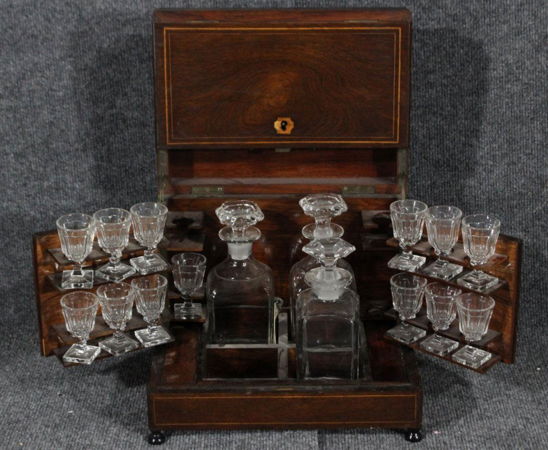 Victorian circa 1880 TANTALUS IN WOOD CASE CRYSTAL SET (1 of 8)