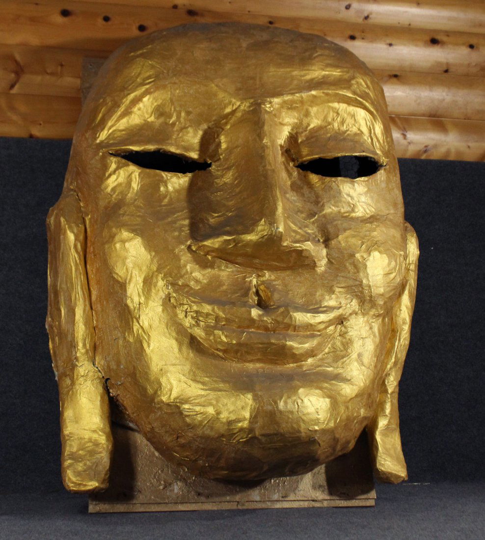 LARGE ASIAN PAPERMACHE GOLD FACE THEATRICAL PROP (1 of 5)