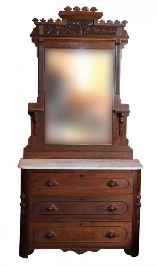 Walnut Victorian Marble Top Dresser With Mirror