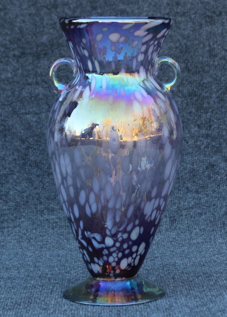 Loetz style controlled oil spots vase: Loetz style vase with controlled oil spots in an iridescent shine over purple.Hand blown glass. ModernSize: 15 h , 7 w