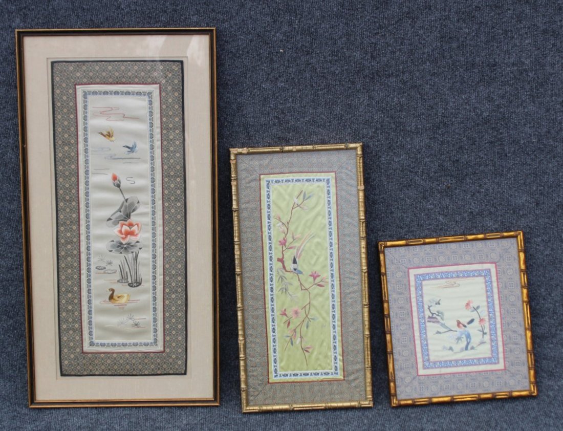 3 ORIENTAL FRAMED EMBROIDERED PANELS GRADUATED SIZES (1 of 4)