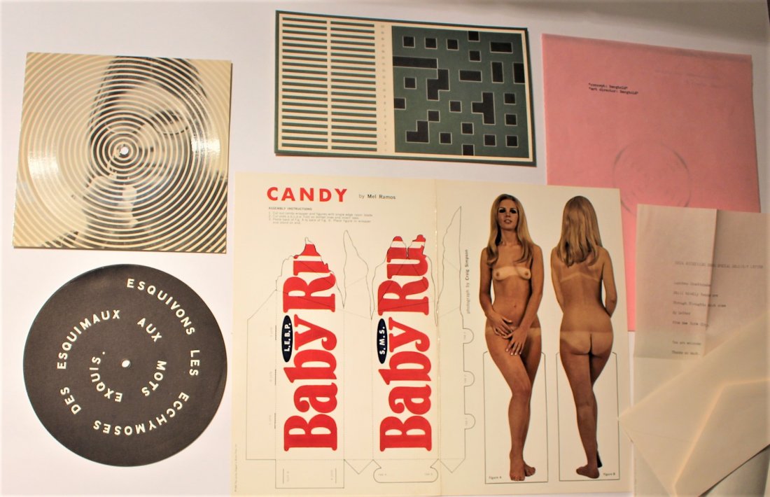 6 Assorted Pieces From The 1968 SMS [Shit Must Stop]: 6 Assorted Pieces From The 1968 SMS [Shit Must Stop] Movement.Consisting of Record Decal, Signed Diane Wakoski Psychedelic Record; Game Board; Mel Ramos Baby Ruth Candy Nude Girl; Lunches Unattended l