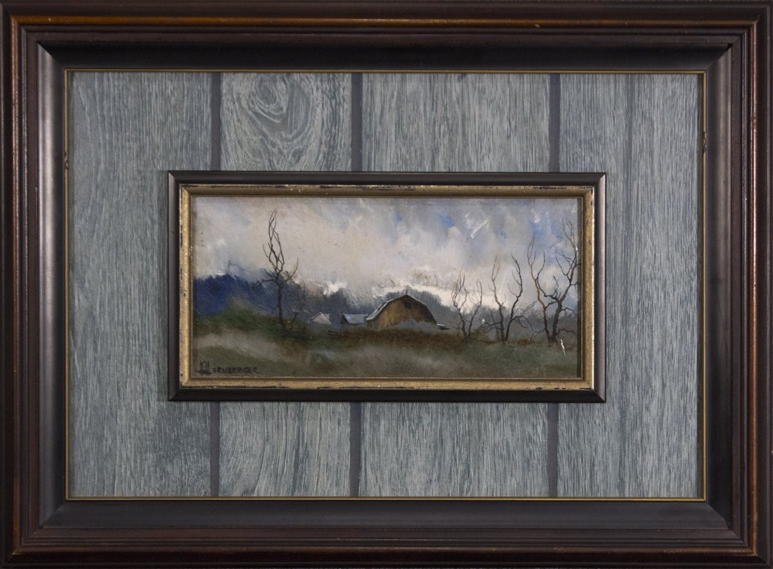Don Hornberger 1921-2006 Oil/B Approaching Storm Barn: Don Hornberger 1921-2006 Oil/B Approaching Storm over Barn.Signed lower left, original frame. Well listed American Artist.Size: aprox. 6 x 12, outside of frame edge: 16.5 x 22.5