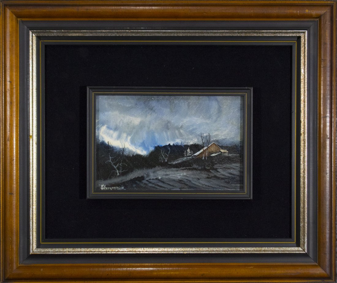 Don Hornberger 1921-2006 Oil Painting Storm Over Barn: Don Hornberger 1921-2006 Oil Painting Storm Over Barn.Signed, original frame. well listed American artist.Great quality painting, vry good condition.Size aprox. 6 x 9, outside of frame edge: 16 x 19