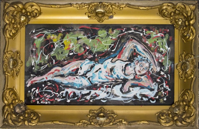 R. MONTI, Mid Century Oil/b Reclining Woman In Abstract: R. MONTI, Mid Century Oil/b Reclining Woman In Abstract. Signed, framed. Very good condition.Size: 18 x 10, outside of frame edge: 23 x 15