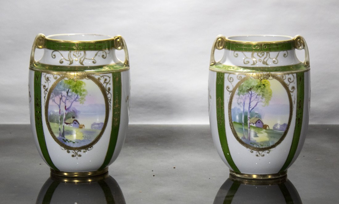 Pair NIPPON Porcelain Vases OVAL SCENIC PANELS (1 of 5)