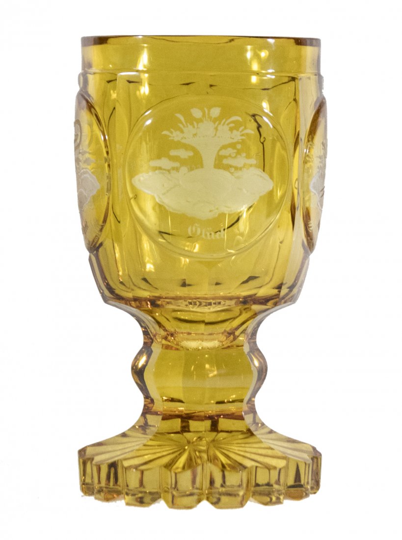Bohemian Cut Glass Chalice - Amber Cut To Clear Flowers: Bohemian Cut Glass Chalice - Amber Cut To Clear Flowers.Very good condition, etched with date.Size: 6.4 h inches